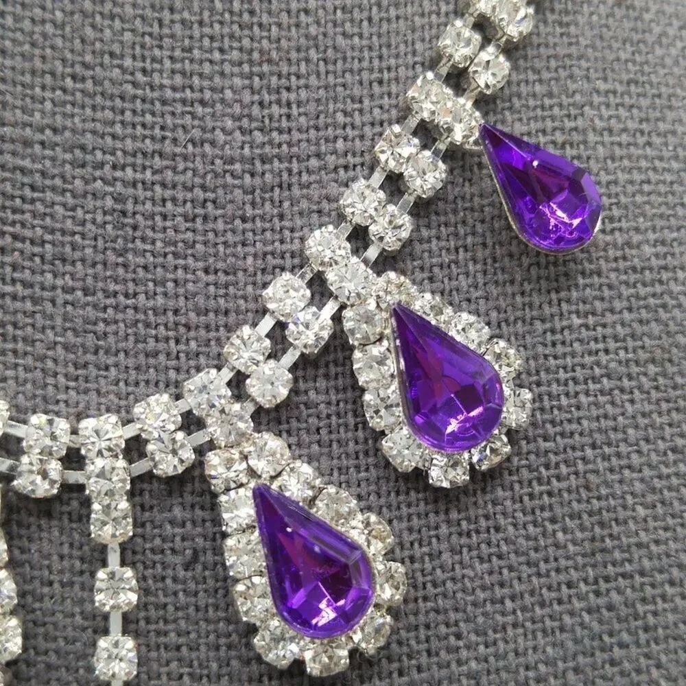 Dangle Purple Clear Rhinestone Necklace, 18 1/2 Inches Adjustable, Formal Choker